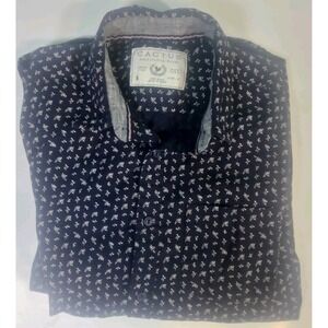 Cactus Mens Shirt Small‎ Navy Print Long Sleeve Button Up Pocket Preppy Western